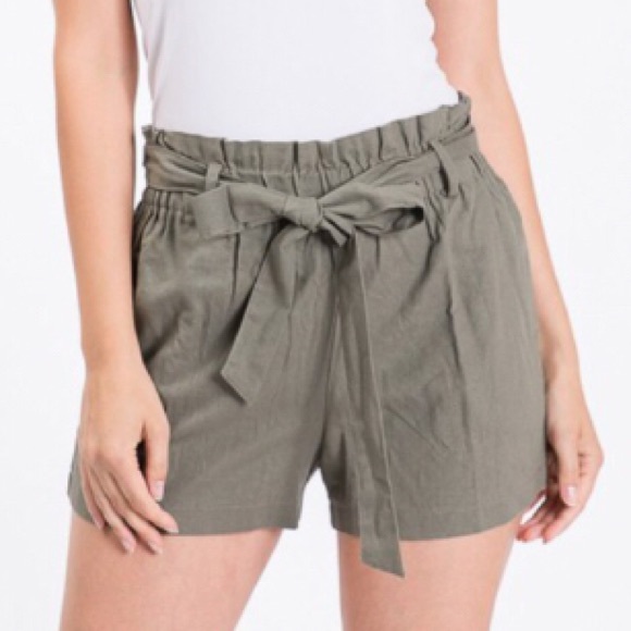 Must Have Pants - Linen Blend Paper Bag Shorts w/Tie Waist - Olive